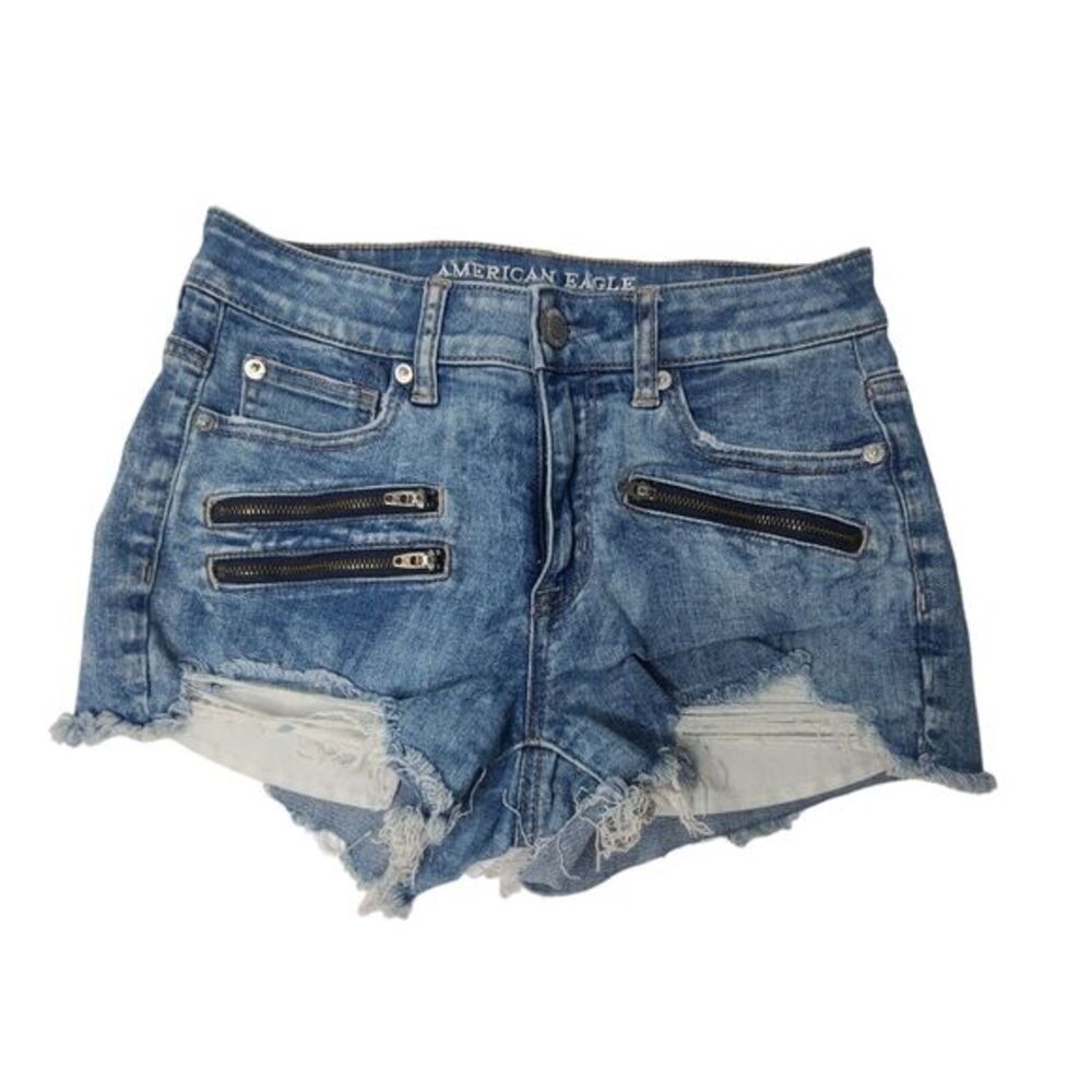 American Eagle Women SZ 4 Denim Jean Shorts‎ Hi Rise Shortie Stretch Cut Off